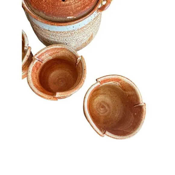 Handmade Rustic Stone Studio Pottery “Mingei-sota” Style Tea Pot & 4 Unique Tea